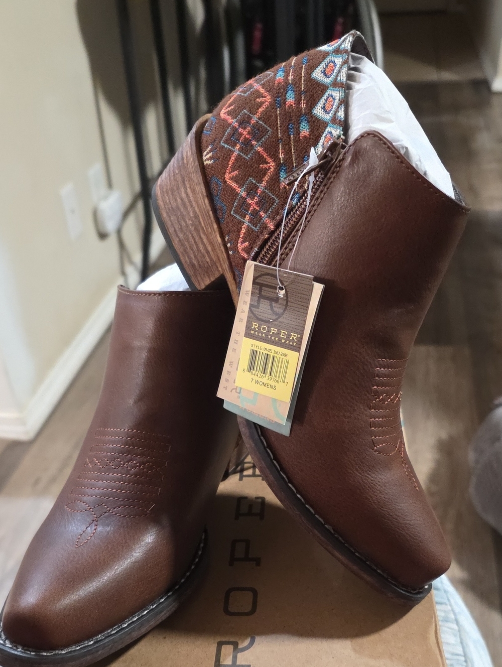 Roper Brown Leather Western Ankle Boots with Patterned Cuff
